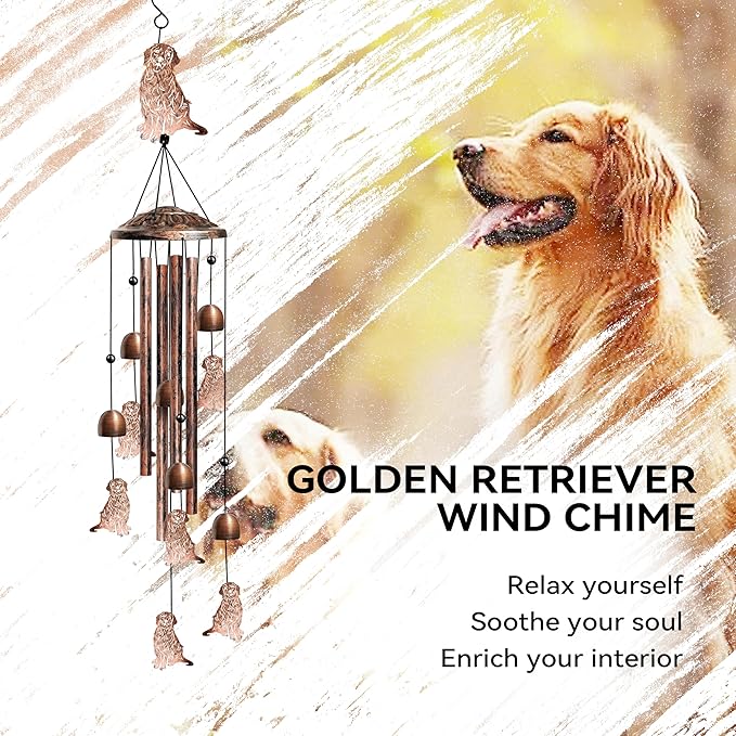 Golden Retriever Wind Chimes for Outside, Decorative Wind Chimes Golden Retriever Gifts for Women, Memorial Windchimes Outdoors with S Hook for Patio Garden Decor, Birthday Gifts for Mom (Copper)