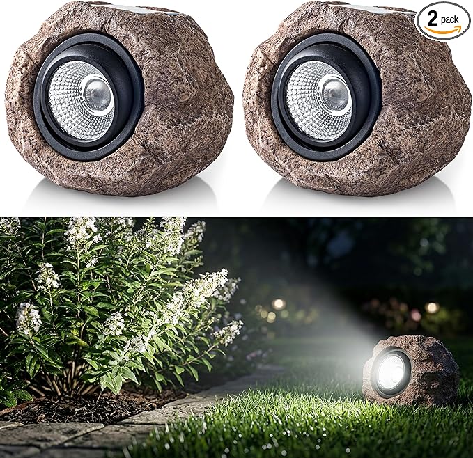 Solar Rock Lights Outdoor – 2 Pack Waterproof LED Landscape Garden Spotlights, Realistic Stone Design, Wireless Solar Powered Pathway Lights for Yard, Walkway, Patio & Lawn Decoration (Auto On/Off)