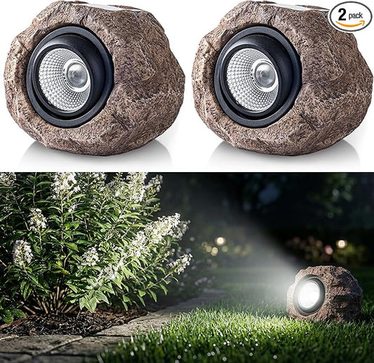 Solar Rock Lights Outdoor – 2 Pack Waterproof LED Landscape Garden Spotlights, Realistic Stone Design, Wireless Solar Powered Pathway Lights for Yard, Walkway, Patio & Lawn Decoration (Auto On/Off)