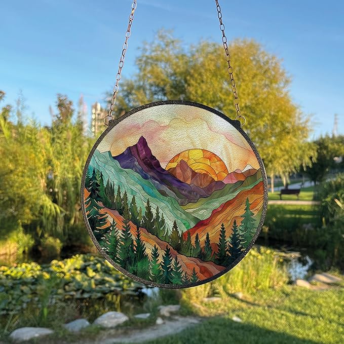 Mountain Range Stained Glass Window Ornaments, Painted Suncatchers, Patio Decor, Outdoor Garden Decor, Balcony Decor, Home Decor, Glass Art, 7.8 inch