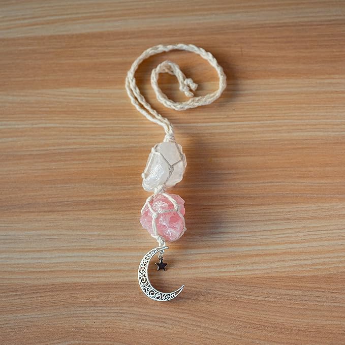 BOHO GARDEN Hanging Car Charm – Clear Quartz & Rose Quartz - Dangling Moon, Healing Crystal Accessories, Rearview Mirror Decorations –Healing, Clarity, Intuition, Love, Connection, Self-Worth, Energy