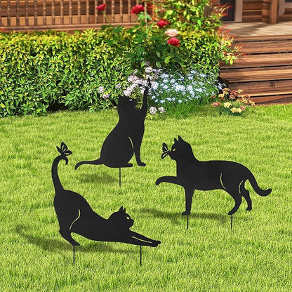 Glitzhome Metal Cat Decorative Garden Stakes, Lifelike Black Silhouette Die-Out Cats Spring Garden Yard Art 2-in-1 Design for Yard Stake or Wall Decor, 3 Packs