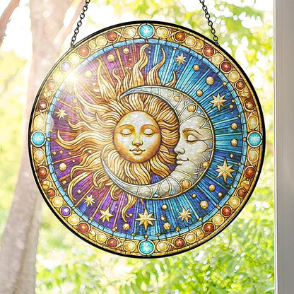 FLAGWIX Christmas Spiritual Gifts for Women Men - Stained Glass Window Hanging 10 in for Sun and Moon Decor - Sun Catchers Indoor Window, Boho Suncatchers for Celestial Decor, Christmas Decorations