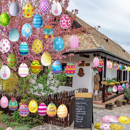Rtteri 30 Pcs Easter Egg Outdoor Hanging Ornaments Colorful Double Sided Printing Tree Ornament Plastic Easter Egg Hanging Ornament for Porch Tree Yard Lawn Party