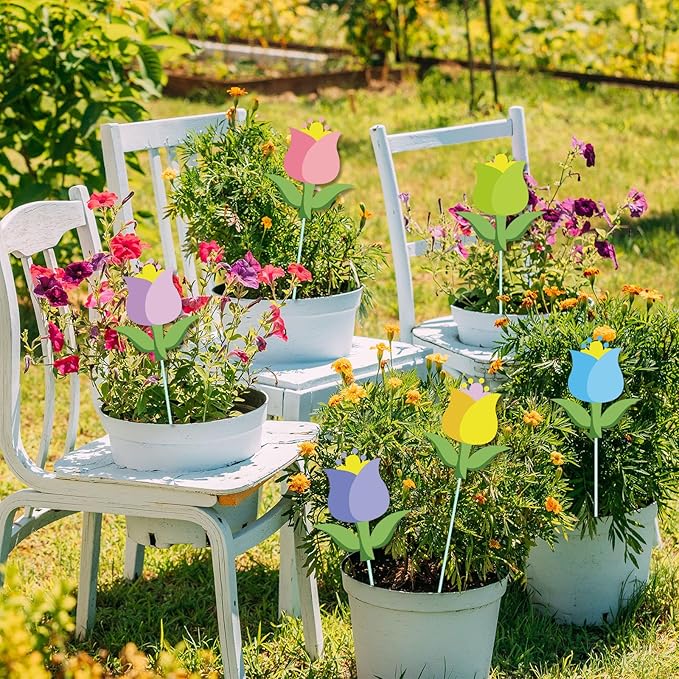Cinrobiye 12Pcs Spring Floral Flower Planter Stakes Tulip Daisy Pot Signs 5.9Inches Colorful Floral Garden Stake Outdoor Lawn for Spring Party Patio Yard Outside Greetings Home Farmhouse Decor