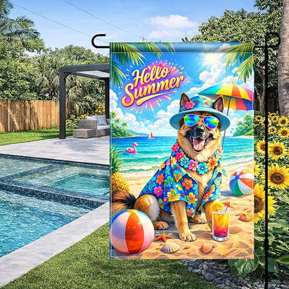 BlissYard Hello Summer Golden Retriever Garden Flag 12x18 Double Sided Vertical Outdoor Decor Beach Dog Tropical Yard Garden Lawn Banner Colorful Seasonal Display