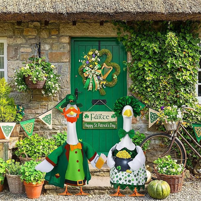 Abbylike 2 Sets St Patrick's Day Porch Goose Outfit Lucky Leprechaun Shamrock Goose Clothes Costume with Mini Black Candy Cauldron Clover for 23" Statue Saint Patty's Day Outdoor Patio Yard Lawn Decor