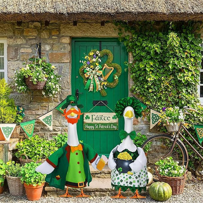 Abbylike 2 Sets St Patrick's Day Porch Goose Outfit Lucky Leprechaun Shamrock Goose Clothes Costume with Mini Black Candy Cauldron Clover for 23" Statue Saint Patty's Day Outdoor Patio Yard Lawn Decor