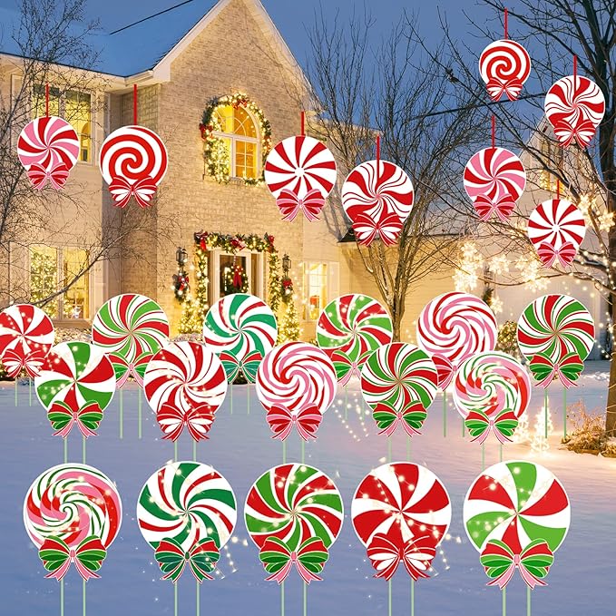 24 PCS Christmas Outdoor Yard Signs Candy Decorations Outdoor Peppermint LED lights Xmas Yard Stakes Hanging Ornaments Holiday Garden Sign