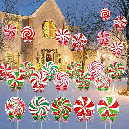 24 PCS Christmas Outdoor Yard Signs Candy Decorations Outdoor Peppermint LED lights Xmas Yard Stakes Hanging Ornaments Holiday Garden Sign
