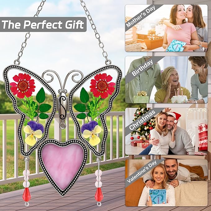 Love Heart-Shaped Glass Suncatcher with Pressed er Ornament, Wind Chimes with Real Flowers, Pendant Mom Grandma Lover Birthday Gift for Indoor or Outdoor Décor-Mom