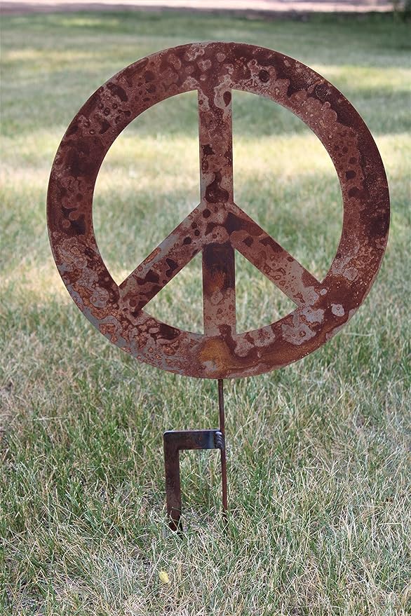 Peace and Heart Staked Signs or Wall Art Rustic or Powder Coated Finishes (Peace Large Stake 28", Naturally Rusted)