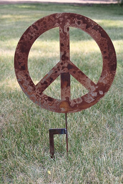 Peace and Heart Staked Signs or Wall Art Rustic or Powder Coated Finishes (Peace Large Stake 28", Naturally Rusted)