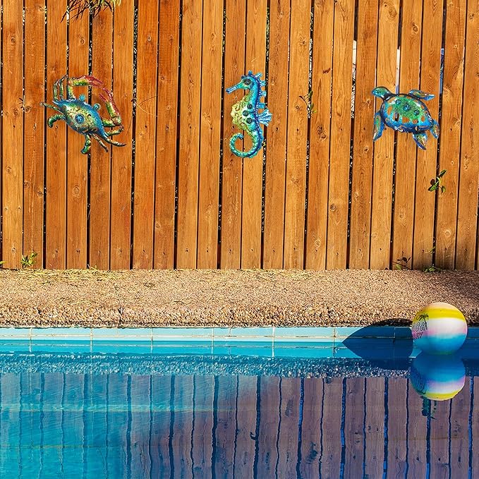 Weibefee Metal Sea Turtle Seahorse Crab Beach Themed Bathroom Wall Art Mother's Day Decor, Ocean Themed Wall Mother's Day Decorations Gift for Home Bathroom,10 Inch, Set of 3…