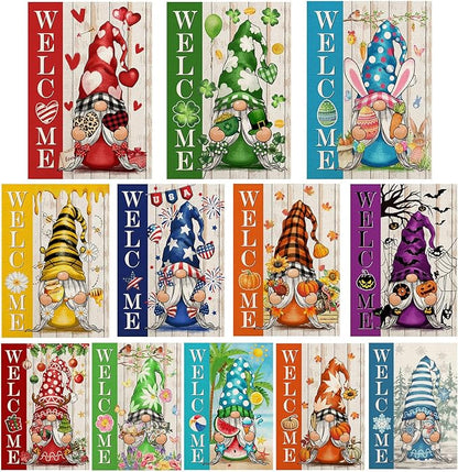 Gnome Garden Flags for Outside Set of 12, Welcome Seasonal Garden Flags 12x18 Double Sided, Gnomes Holiday Lawn Flags, Gnome Winter Spring Outdoor Garden Flag for Yard Farmhouse Decor