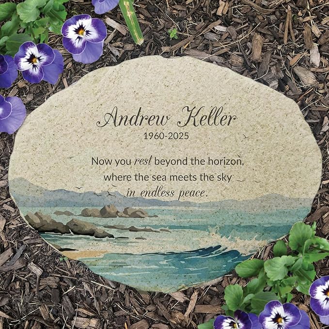 Beach Memorial with Waves Flat Garden Stone - Thoughtful Tribute Stone for Loved Ones - 7.88 Inch Decorative Stone for Graves or Gardens