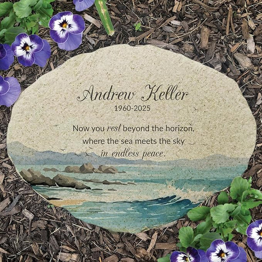 Beach Memorial with Waves Flat Garden Stone - Thoughtful Tribute Stone for Loved Ones - 7.88 Inch Decorative Stone for Graves or Gardens