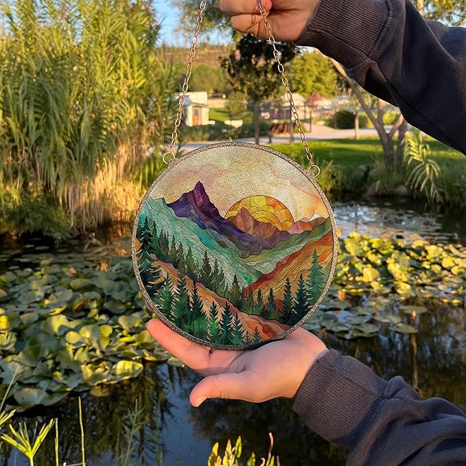 Mountain Range Stained Glass Window Ornaments, Painted Suncatchers, Patio Decor, Outdoor Garden Decor, Balcony Decor, Home Decor, Glass Art, 7.8 inch