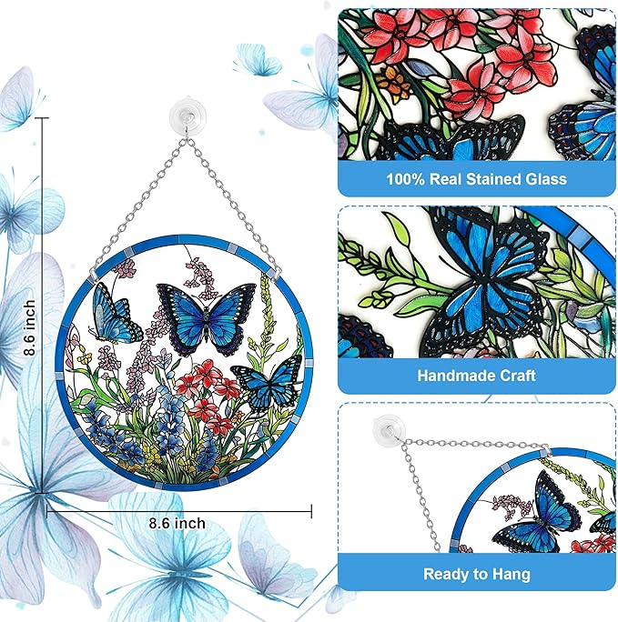 Butterfly Stained Glass Suncatcher, 8.6 inch Large Sun Catchers with Hook and Chain, Blue Butterfly Decorations Gifts for Women