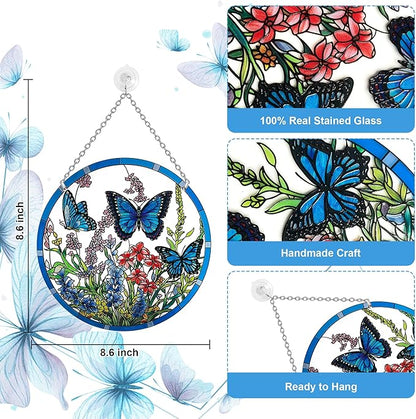 Butterfly Stained Glass Suncatcher, 8.6 inch Large Sun Catchers with Hook and Chain, Blue Butterfly Decorations Gifts for Women