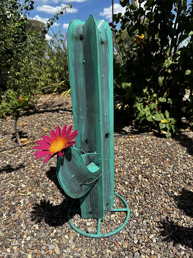 Colorful Metal Saguaro Cactus with Flowers - Handmade Garden Decor (Turquoise)