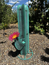 Colorful Metal Saguaro Cactus with Flowers - Handmade Garden Decor (Turquoise)