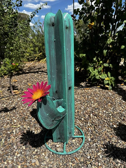 Colorful Metal Saguaro Cactus with Flowers - Handmade Garden Decor (Turquoise)