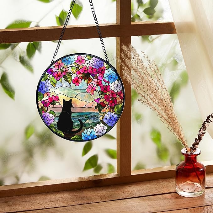 Black Cat Hydrangea Flower Stained Glass Window Hanging, Black Cat Sun Catchers Indoor Window Round Glass Wall Art Decor, Cats Floral Suncatcher Wall Hanging Decorations, Lawn Care