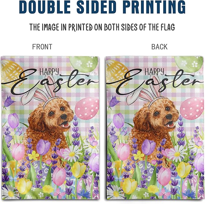 Happy Easter Dog Garden Flag Golden Doodle Spring Flags Buffalo Plaid Bunny Eggs Yard Flag for Outside 12x18 Double Sided Small Decorative Floral Outdoor Flag