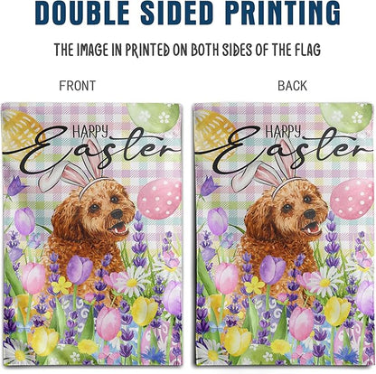 Happy Easter Dog Garden Flag Golden Doodle Spring Flags Buffalo Plaid Bunny Eggs Yard Flag for Outside 12x18 Double Sided Small Decorative Floral Outdoor Flag