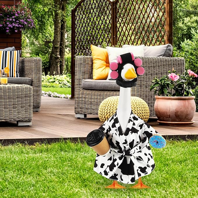 Shyyween Lady Porch Goose Outfit for 23'' Cement Plastic Lawn Goose Statue Clothes Cow Pattern Bathrobe Coffee Cup Curlers for Outdoor Garden Yard Patio Decoration