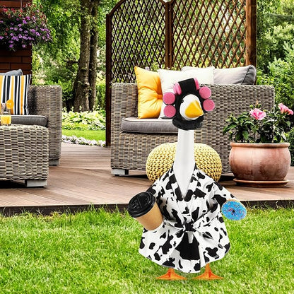 Shyyween Lady Porch Goose Outfit for 23'' Cement Plastic Lawn Goose Statue Clothes Cow Pattern Bathrobe Coffee Cup Curlers for Outdoor Garden Yard Patio Decoration