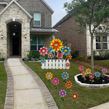 Colorful Flower Garden Stake with Butterflies & White Fence, Outdoor Yard Art Decor, Metal Floral Lawn Stakes for Garden, Patio, Flower Bed, Spring & Summer Outdoor Decoration