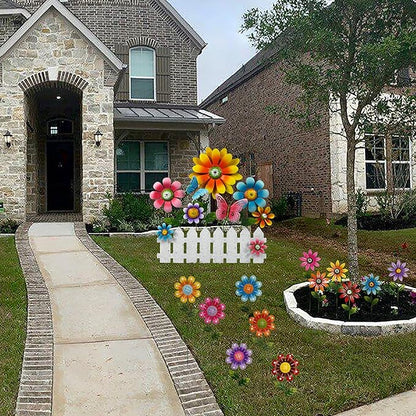 Colorful Flower Garden Stake with Butterflies & White Fence, Outdoor Yard Art Decor, Metal Floral Lawn Stakes for Garden, Patio, Flower Bed, Spring & Summer Outdoor Decoration