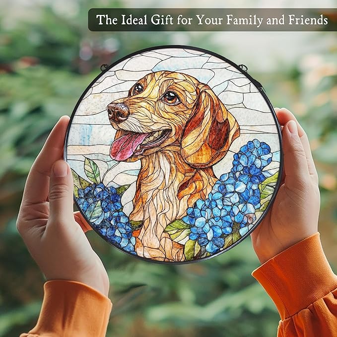 Dachshund Hydrangea Stained Glass Window Hanging Suncatcher, Weiner Dog Sun Catcher Indoor Window, Dachshund Gifts for Women, Dog Painted Glass Round Wall Hanging Decorations, 7.8x7.8 in
