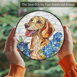 Dachshund Hydrangea Stained Glass Window Hanging Suncatcher, Weiner Dog Sun Catcher Indoor Window, Dachshund Gifts for Women, Dog Painted Glass Round Wall Hanging Decorations, 7.8x7.8 in