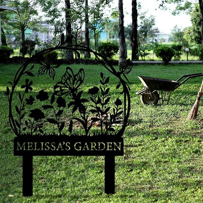 Personalized Garden Sign with Flower Design Custom Stake Butterfly Customized Gardening Gift Farmhouse Decor for Outside Gardening Decorative Gifts Gardeners Backyard Art Yard Outdoor Lawn Patio Path Black Large Camping Housewarming Mom Grandmother