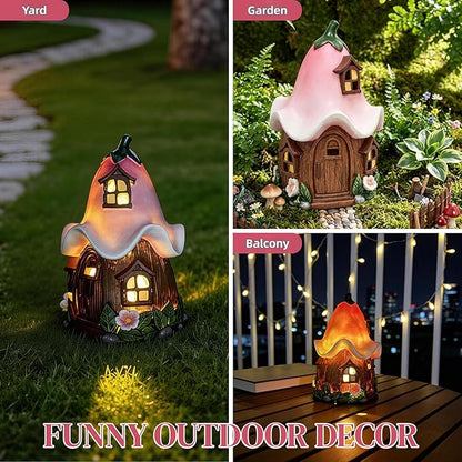 Solar Fairy Garden House, Whimsical Flower Cottage Fairy Figurines with Automatic Solar Lights, Hand-Painted Resin Garden Statue Unique Gift for Outdoor, Patio, Yard Art, Balcony, Porch Decor