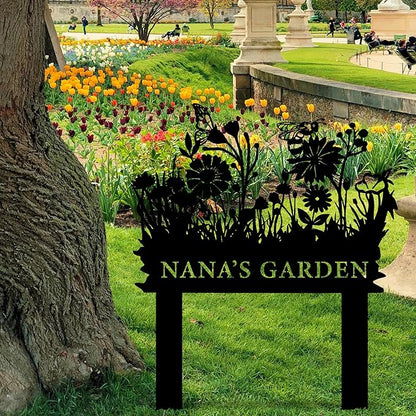 Personalized Butterfly and Bee Metal Garden Stake Sign, Custom Flower Themed Garden Metal Stake, Customized Garden Signs Decorative Outdoor, Farmhouse Yard Art, Flower Bed Decor, Gift for Gardener