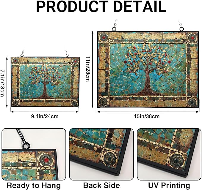 Rectangle Tree of Life Stained Glass Window Hanging Sun Catcher Halloween Haning Ornament Decoration Christmas Birthday Gifts for Lover Friends Mother