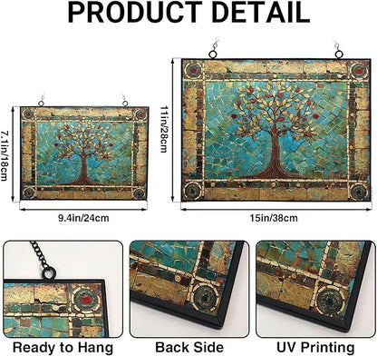 Rectangle Tree of Life Stained Glass Window Hanging Sun Catcher Halloween Haning Ornament Decoration Christmas Birthday Gifts for Lover Friends Mother