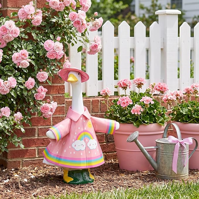 DECOHS 3 Pcs/Set Raincoat Porch Goose Outfits, Summer Lawn Goose Statue Raincoat Costume, Yard Goose Clothes Raincoats Umbrella Hat Outfit for 23" Statue Patio Garden Decoration (Pink Rainbow)