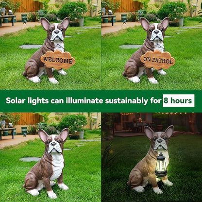 Sophisticated Brown & White Boston Terrier Dog Sculpture with Solar Lantern & Double-Sided 'On Patrol' and 'Welcome' Signposts – Premium Resin Statue for Upscale Garden, Yard, and Patio Décor