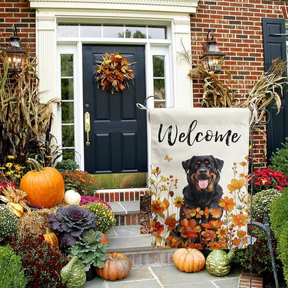 Rottweiler Fall Garden Flag Autumn Dog Yard Sign Orange Floral Thanksgiving Outdoor Banners for Outside 12x18 Double Sided Small Wild Flower Lawn Decorations