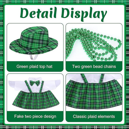 Watayo 4 Pcs/Set St. Patrick's Day Porch Goose Outfits, Lawn Goose Statue Green Plaid Costume, Irish Green Garden Goose Clothes Dress Hat and Bead Necklaces for 23" High Statue Patio Yard Decor