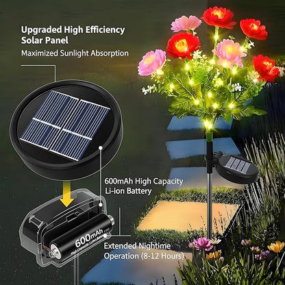 Solar Flowers Lights, 2 Pack Solar-Powered Outdoor Light with 14 Blooming Flowers, Waterproof Lights for Outside Yard, Garden, Pathway, Walkway, Patio, Lawn, Cemetery, Grave Decor