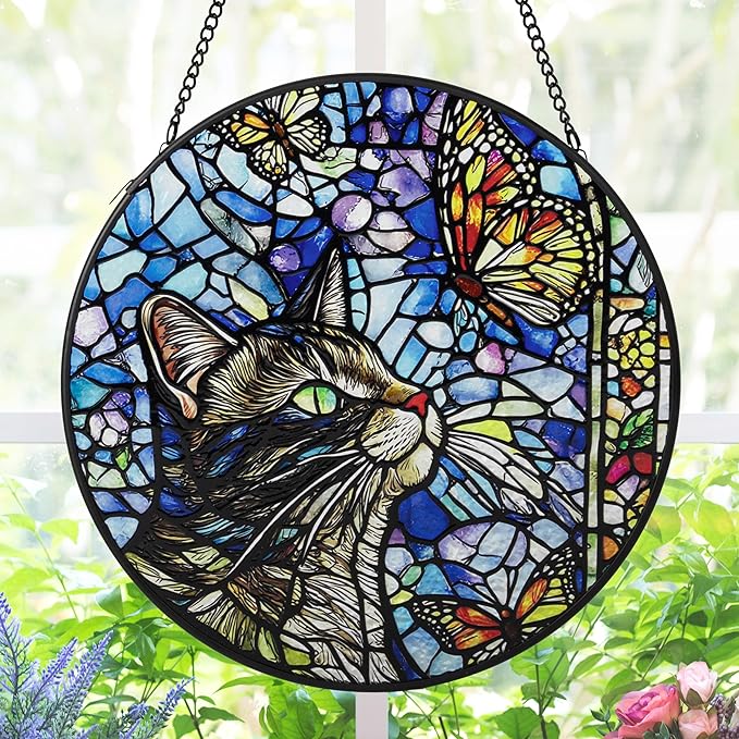 AELS Stained Glass 7.87" Round Suncatcher, Colorful Sun Catcher for Home Garden Window Decor, Window Hanging Ornament Gift for Friends and Family, Cat and Butterfly