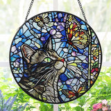 AELS Stained Glass 7.87" Round Suncatcher, Colorful Sun Catcher for Home Garden Window Decor, Window Hanging Ornament Gift for Friends and Family, Cat and Butterfly