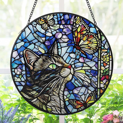 AELS Stained Glass 7.87" Round Suncatcher, Colorful Sun Catcher for Home Garden Window Decor, Window Hanging Ornament Gift for Friends and Family, Cat and Butterfly