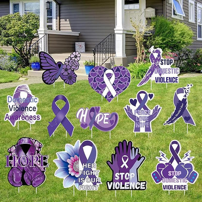 Amyhill 12 Pcs Domestic Violence Awareness Yard Sign Purple Ribbon Garden Lawn Signs with 24 Stake Stop Domestic Violence Purple Ribbon Butterfly Hands Yard Decorations for Outdoor Party Decor
